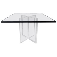 Karl Springer Lucite X-Base Dining Table with Square Glass Top, Signed, 1970s