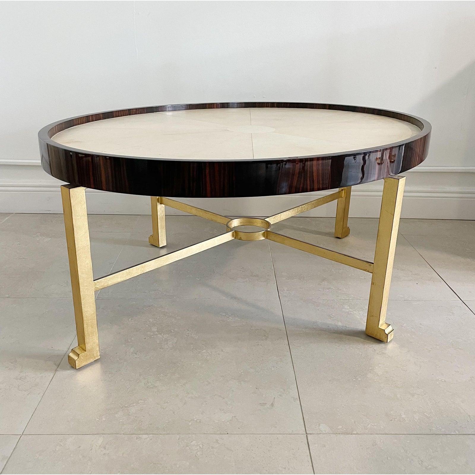 Art Deco Karl Springer Style Mark V Parchment Macassar Ebony & Gilt Iron Coffee Table For Sale