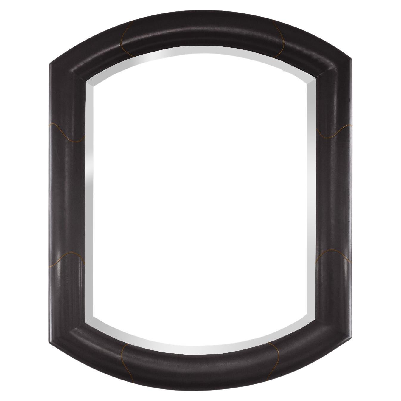 Karl Springer "Marmol Style Mirror" in Black Leather and Bronze 1980s 'Signed' For Sale