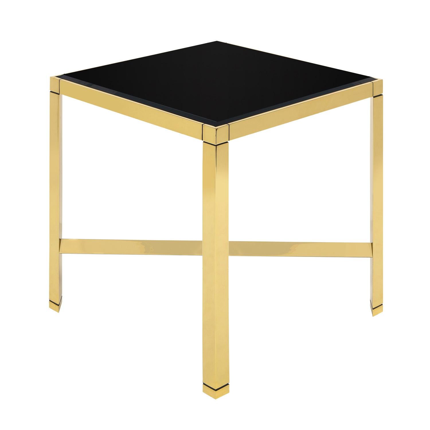 Moderne Table d'extrémité en laiton Karl Springer avec plateau en verre noir biseauté des années 1980 en vente