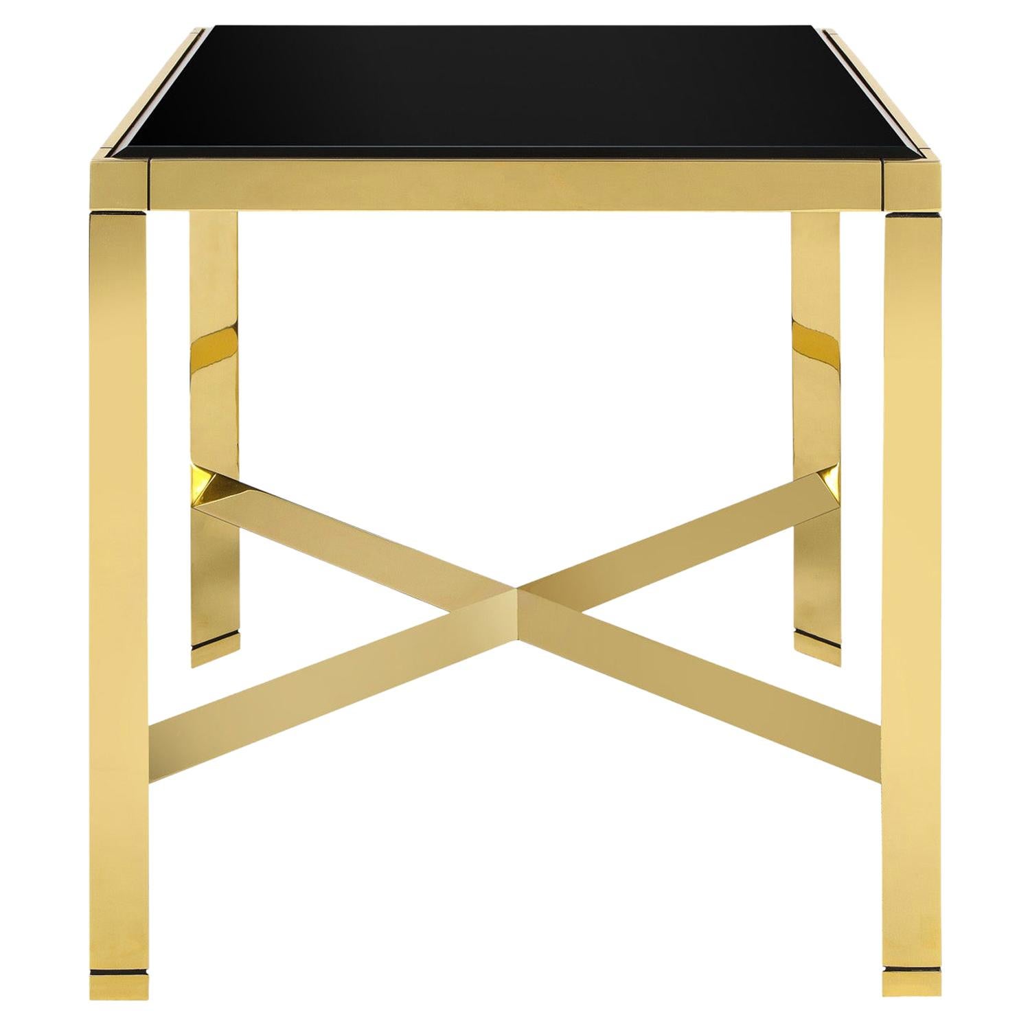 Karl Springer Brass End Table with Beveled Black Glass Top 1980s For Sale