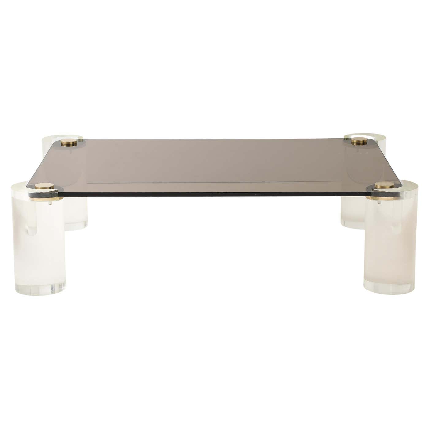 Karl Springer Mid - Century 1980's Lucite and Brass Smoked Glass Coffee Table.