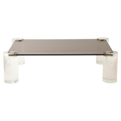 Karl Springer Mid - Century 1980's Lucite and Brass Smoked Glass Coffee Table.