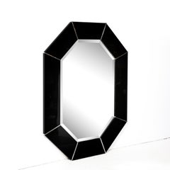 Karl Springer Mid-Century Elongated 8-Sided Black Lacquer & Chrome Mirror