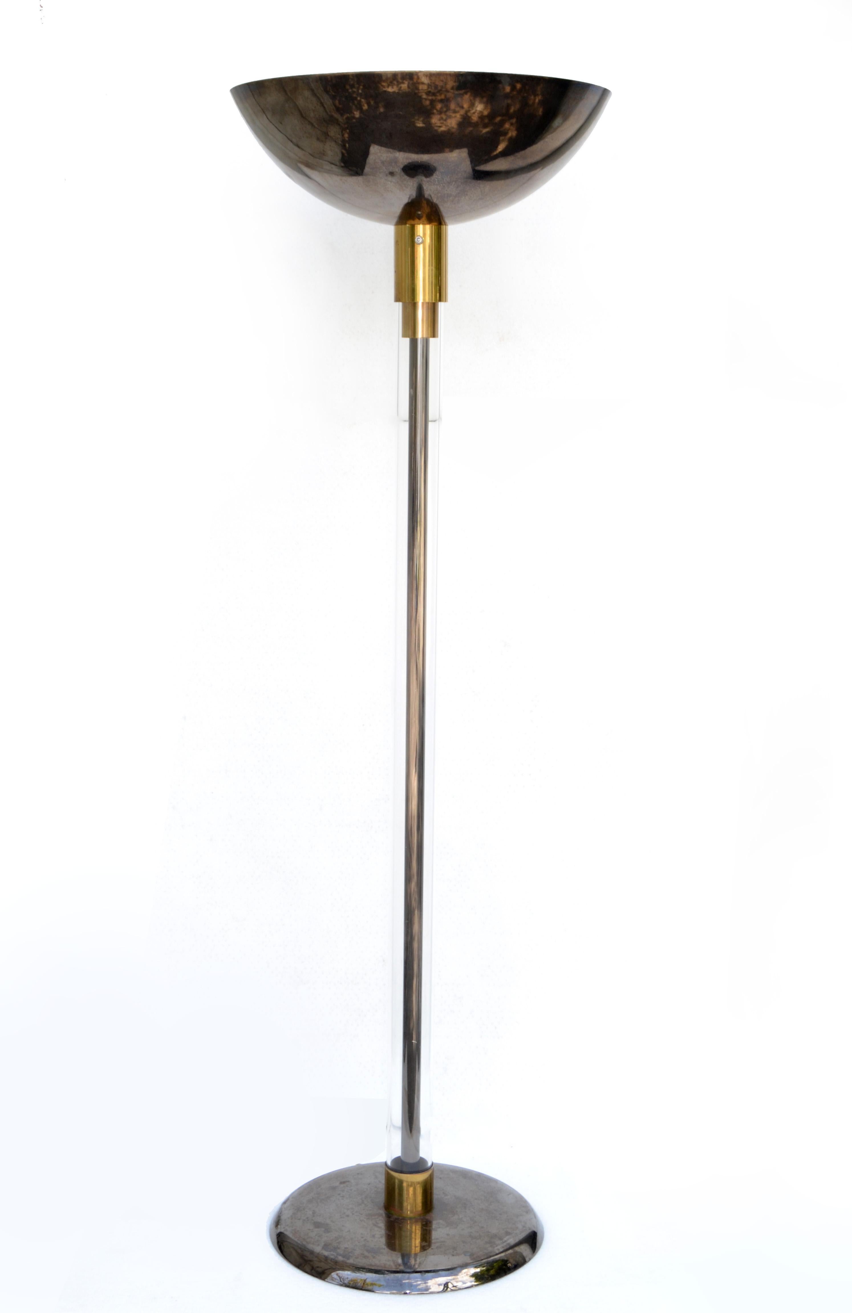 American Karl Springer Mid-Century Modern Brass, Gunmetal & Lucite Floor Lamp America  For Sale