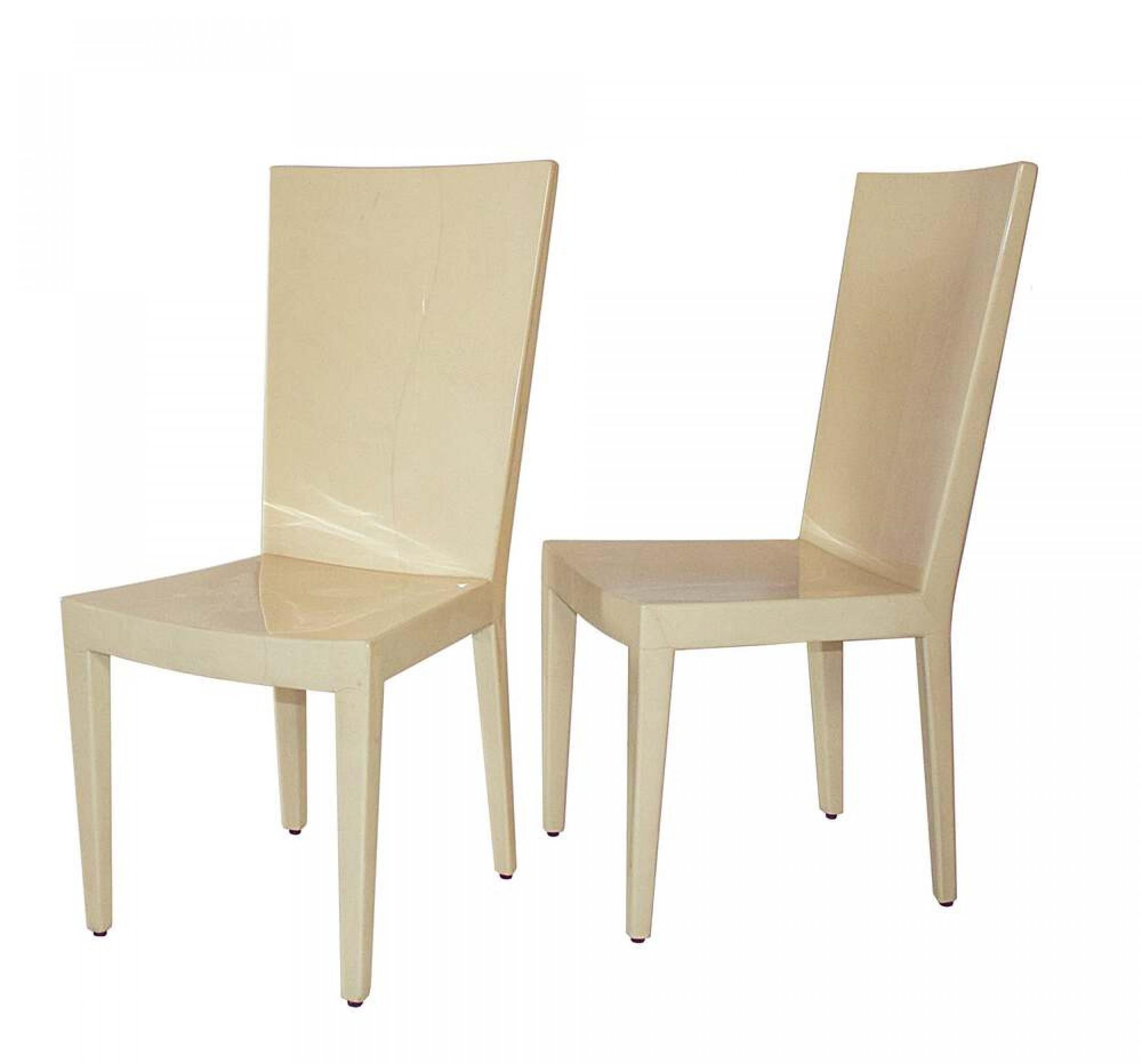 SET of 8 American Mid-Century Modern dining / side chairs with lacquered beige parchment veneers. (KARL SPRINGER)(PRICED AS SET)