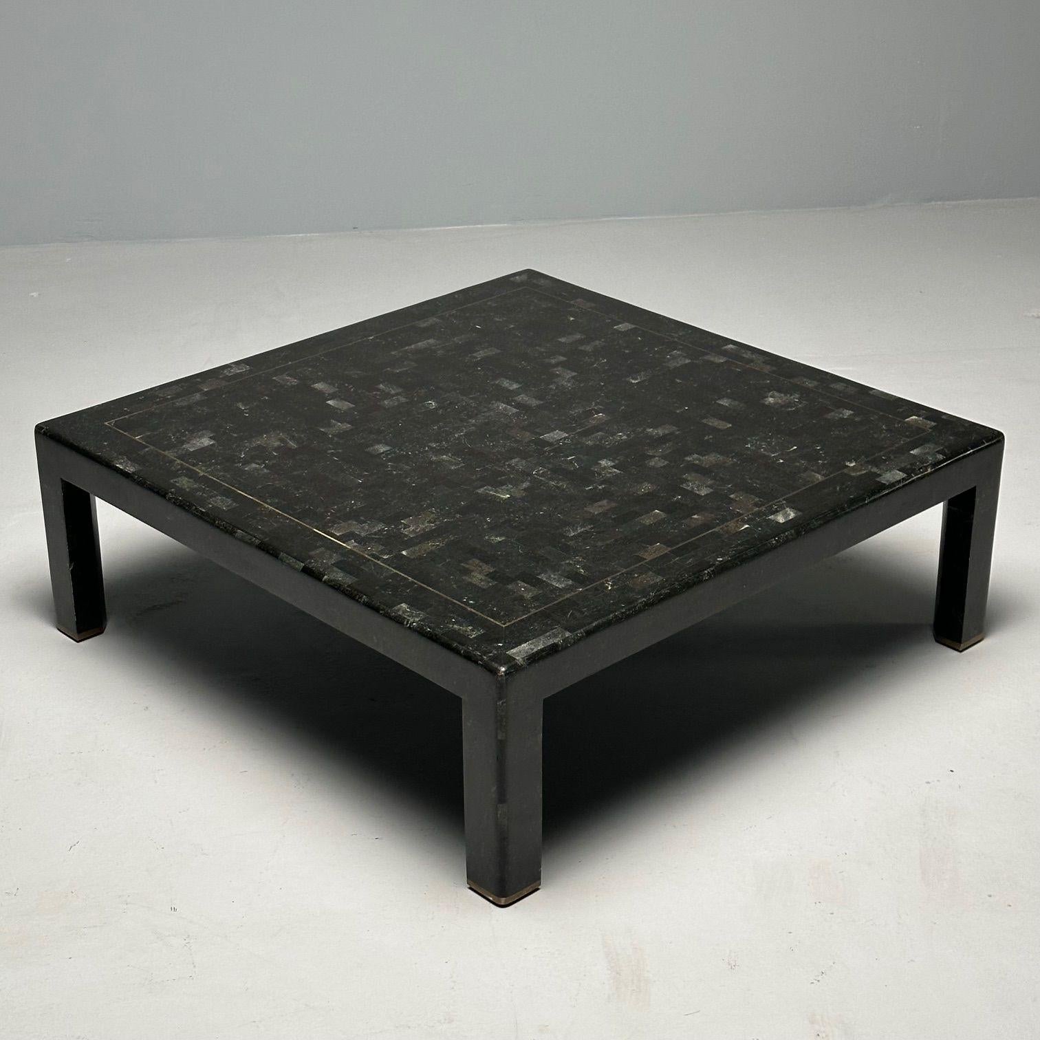Karl Springer, Mid-Century Modern, Square Coffee Table, Tessellated Stone, Brass

Mid-century coffee table designed by renowned American designer, Karl Springer. This work is comprised of a tessellated stone clad wood. The square top is supported by
