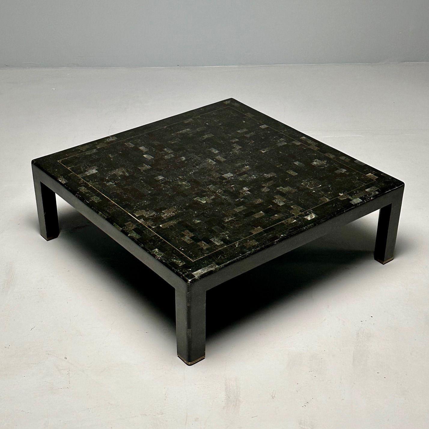 Philippine Karl Springer, Mid-Century Modern, Square Coffee Table, Tessellated Stone, Brass
