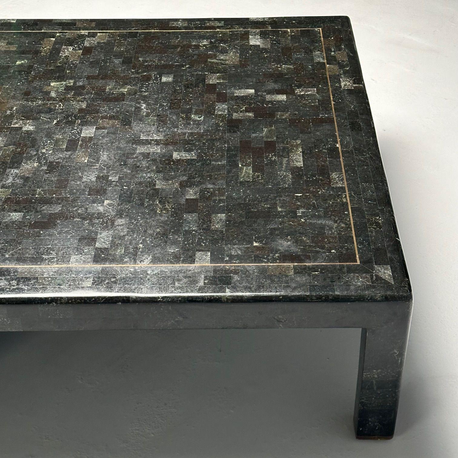 Karl Springer, Mid-Century Modern, Square Coffee Table, Tessellated Stone, Brass 1