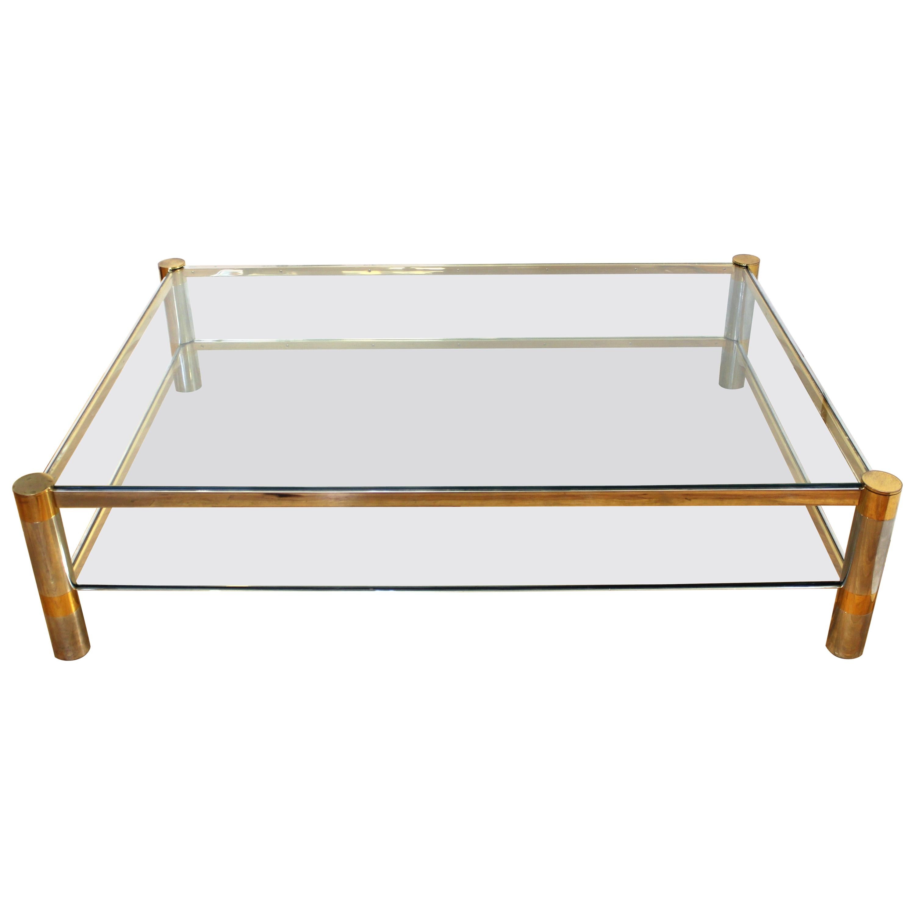 Karl Springer Modern Cocktail Table in Brass and Nickel with Glass Tiers