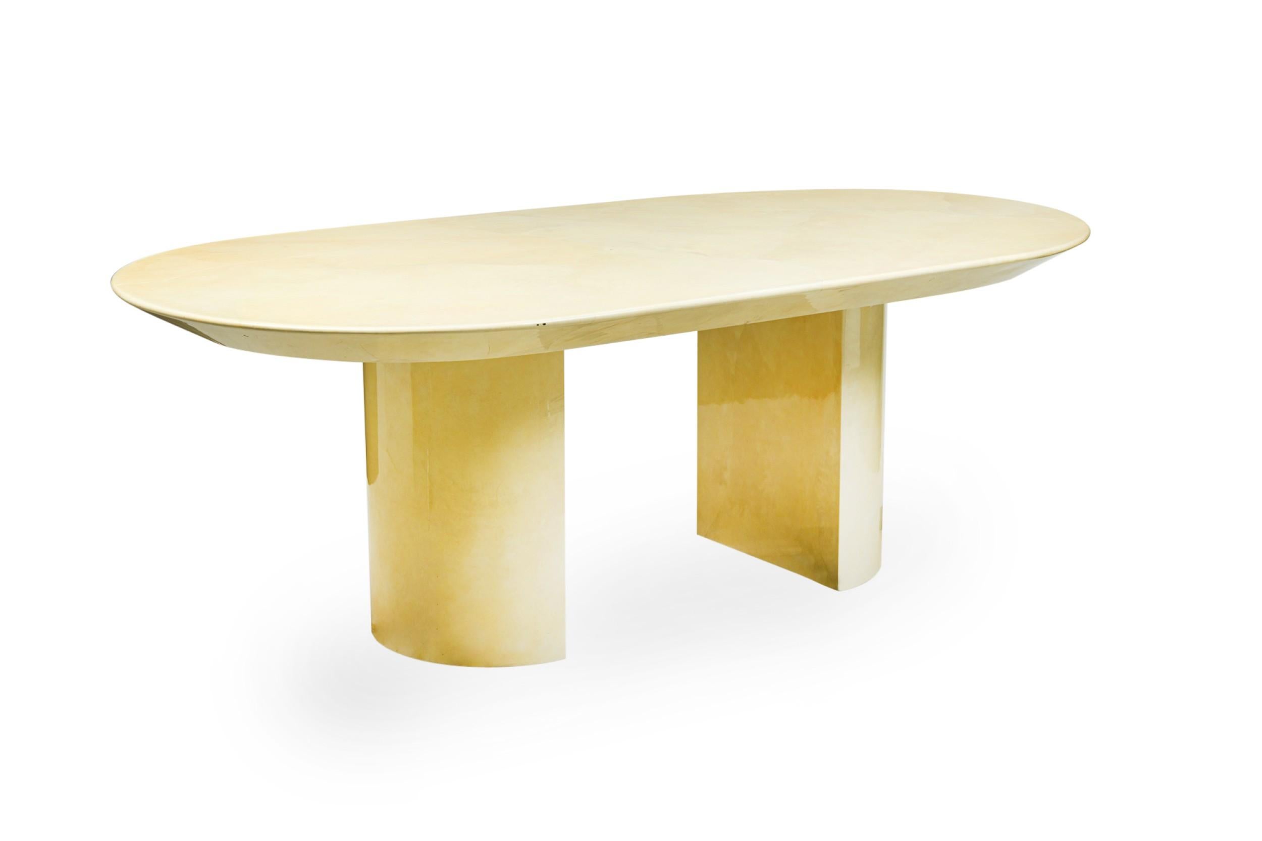 American Karl Springer Modern Oval Top & Dual Demilune Base Parchment Dining Table For Sale
