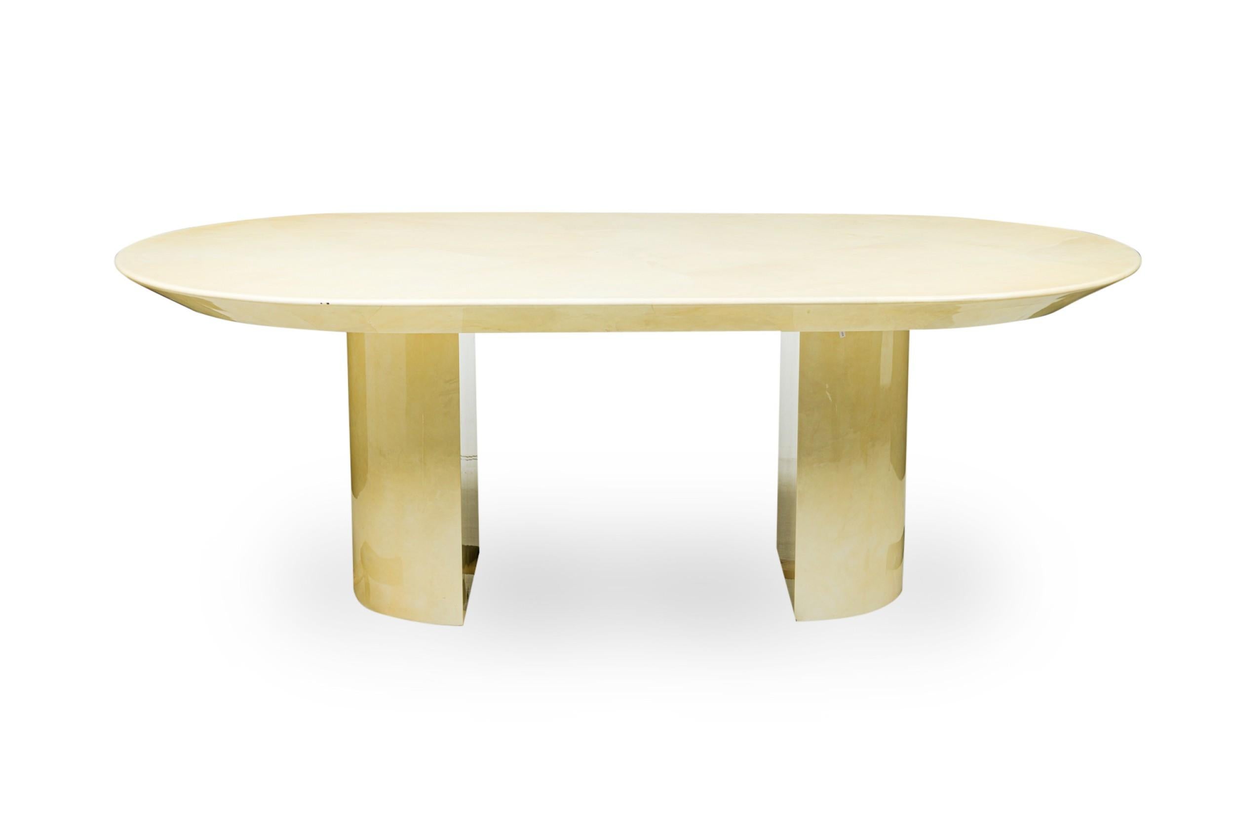 Veneer Karl Springer Modern Oval Top & Dual Demilune Base Parchment Dining Table For Sale
