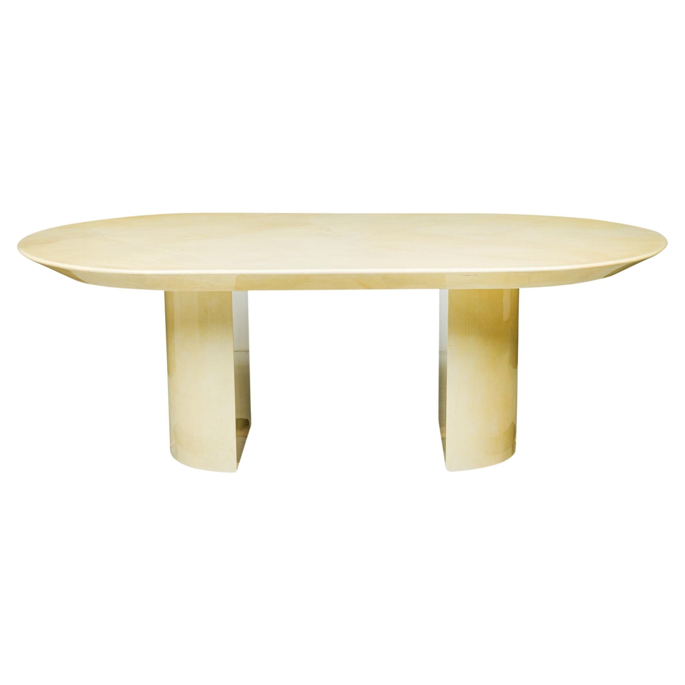 Karl Springer Modern Oval Top & Dual Demilune Base Parchment Dining Table For Sale