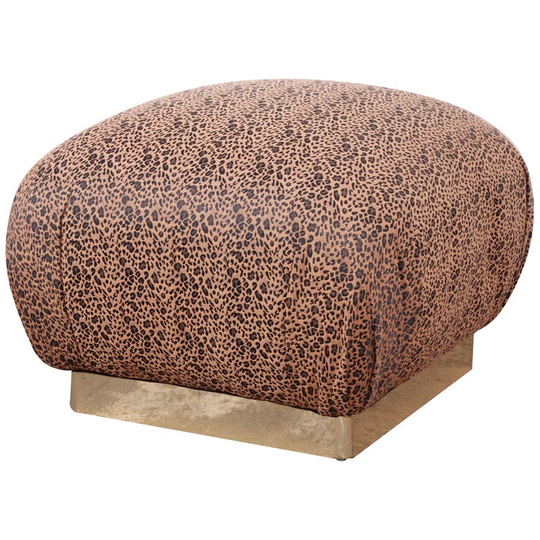 Karl Springer Modern Soufflé Pouf or Ottoman in Leopard Print and Brass