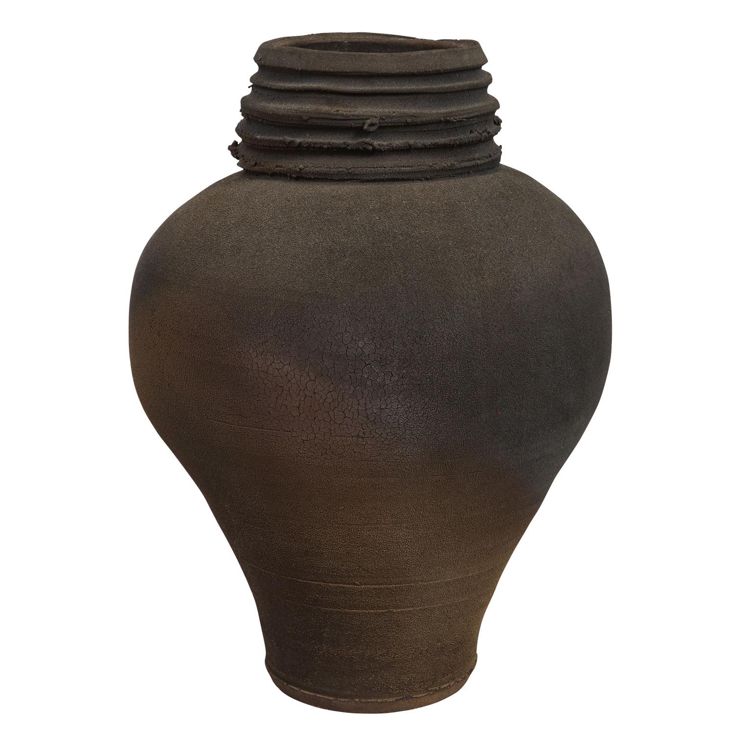 Large hand-thrown ceramic urn, undulating form with horizontal channeled top, by ceramicist Plotsky for Karl Springer, American 1981 (signed and dated 