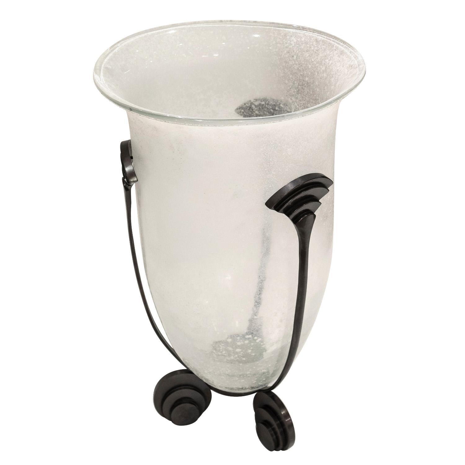 Modern Karl Springer Monumental Hand Blown Scavo Glass and Bronze Urn 1980s