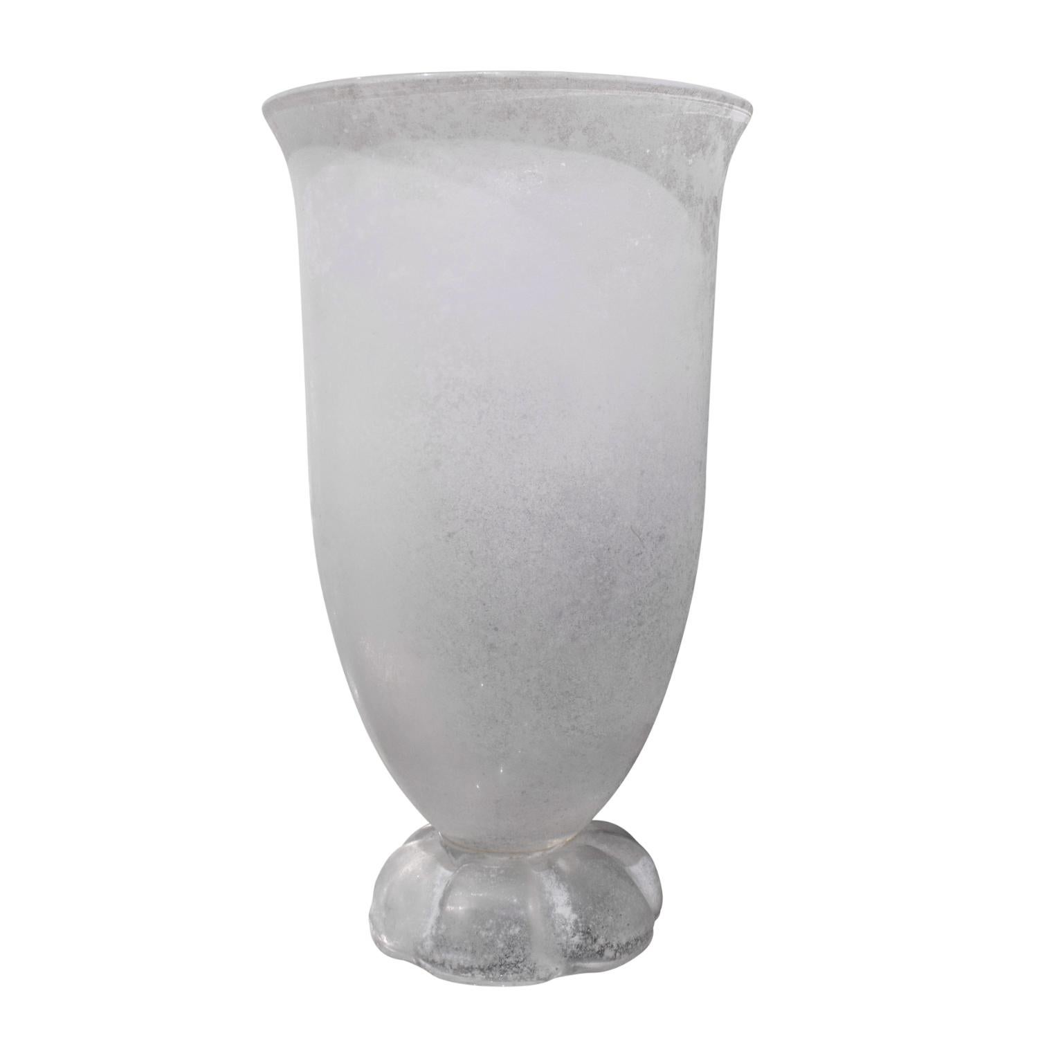 Large hand-blown glass urn / vase, white glass with scavo (rough) finish, by Seguso (Murano, Italy) for Karl Springer, American 1980's (signed on bottom “KARL SPRINGER”).

Reference: 
Karl Springer red binder catalog published in the 1980’s,