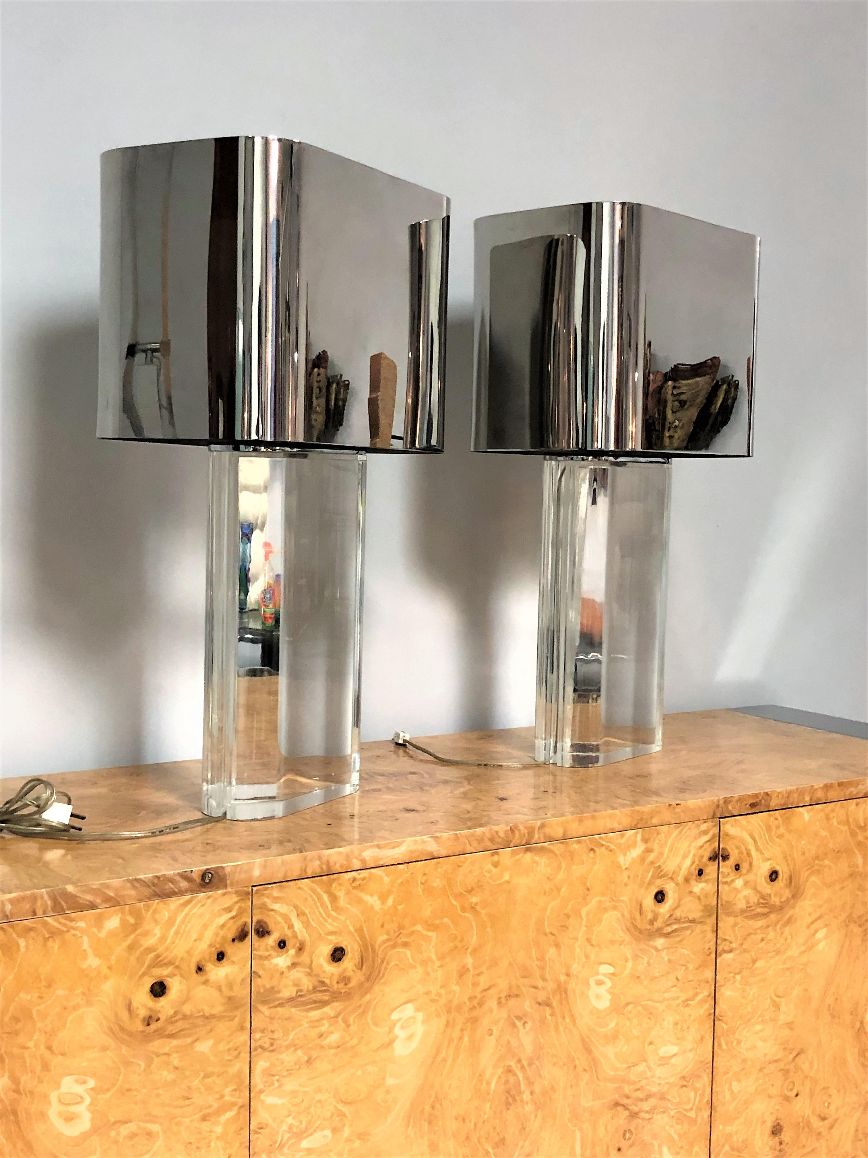 American Karl Springer Monumental Pair of Lucite and Stainless Steel Table Lamps