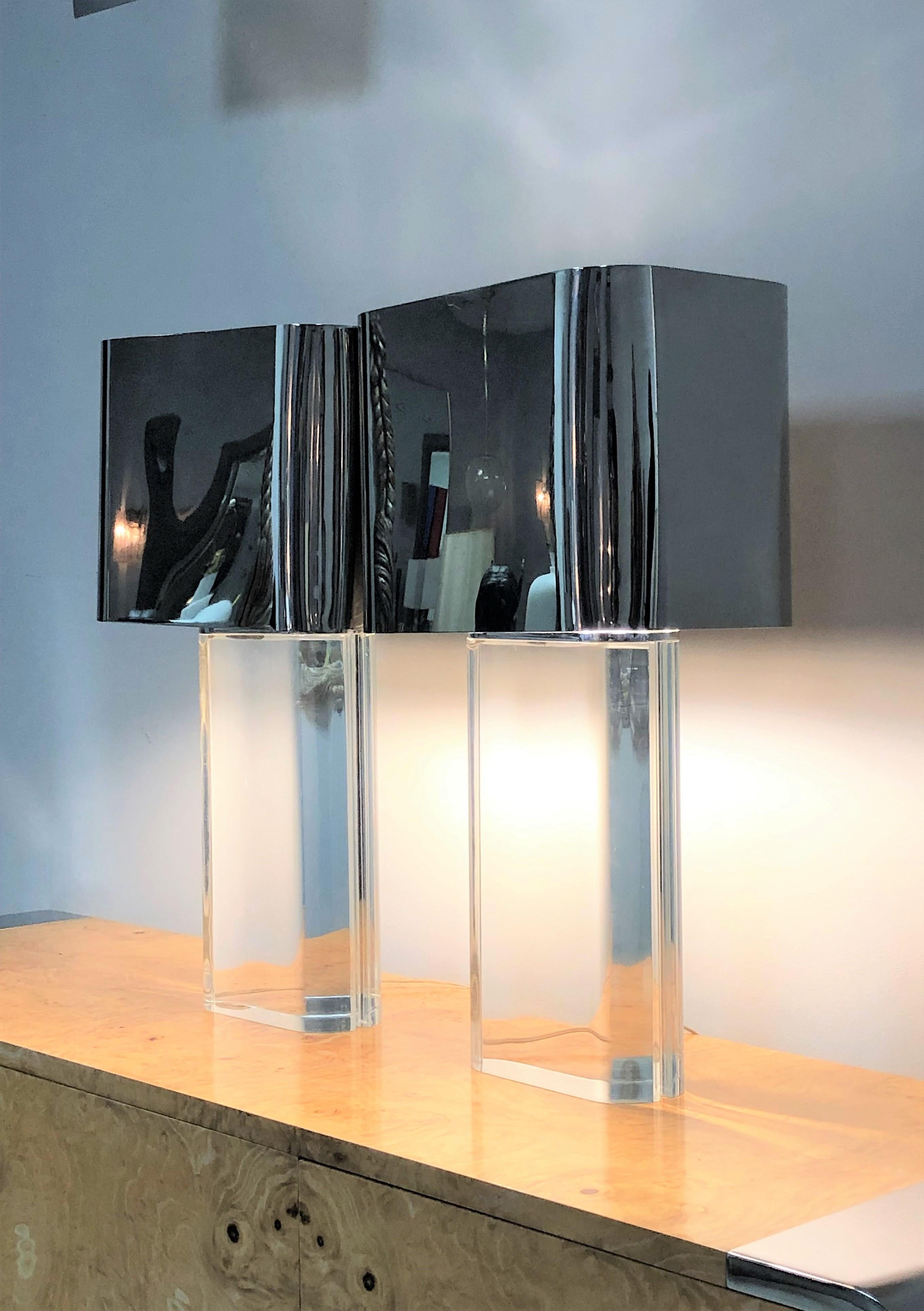 Karl Springer Monumental Pair of Lucite and Stainless Steel Table Lamps 1