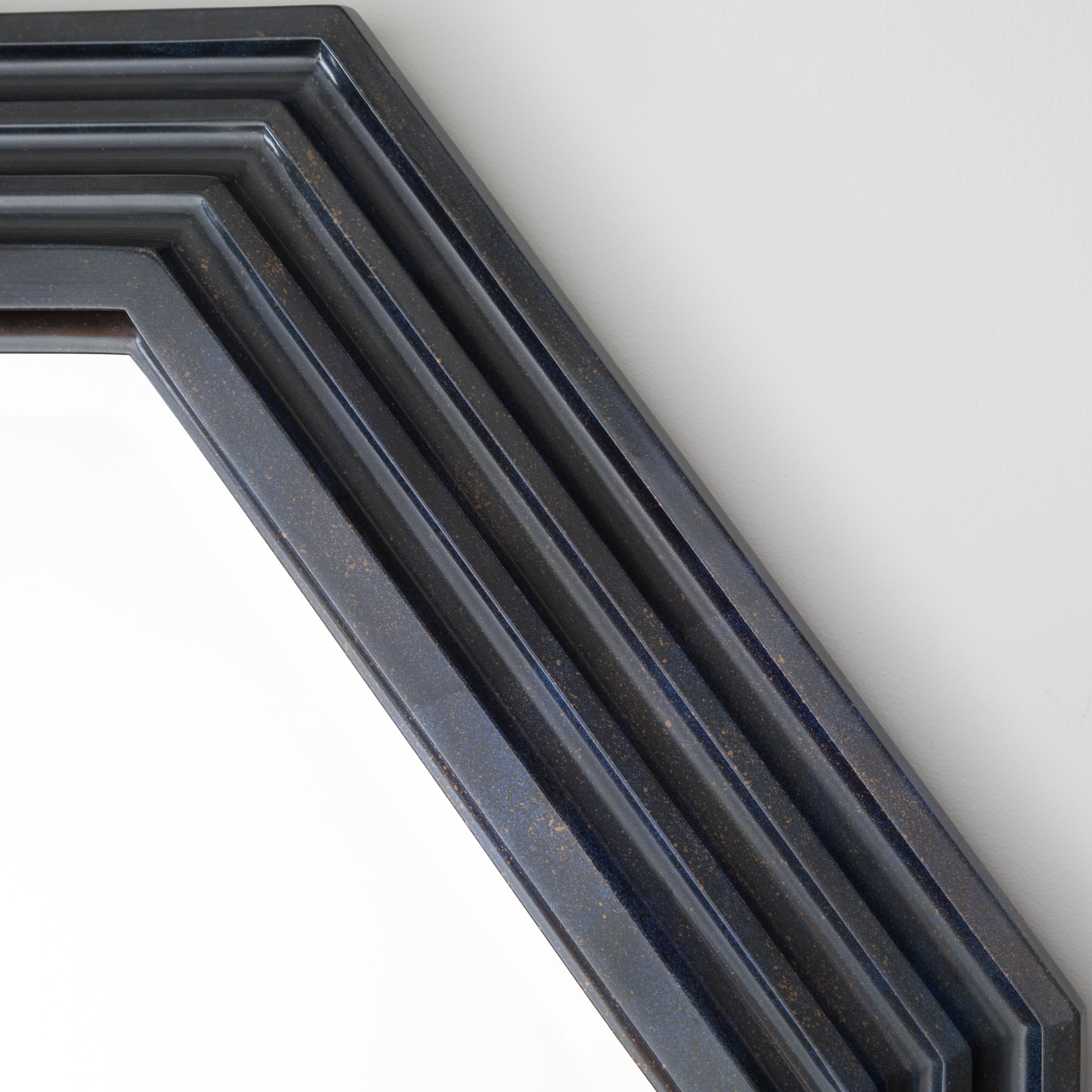 Beveled Karl Springer Octagonal Mirror in a Faux-Lapis Lacquer Finish, circa 1989