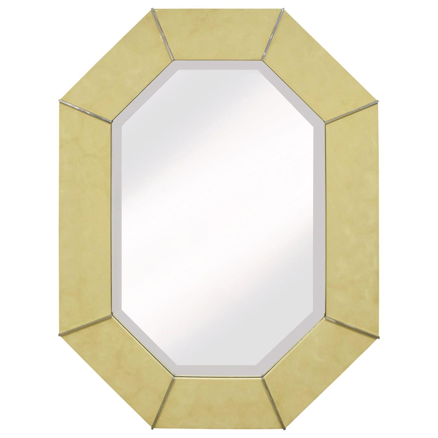 Karl Springer Octagonal Mirror in Ivory Lacquer with Chrome Accents, 1970s