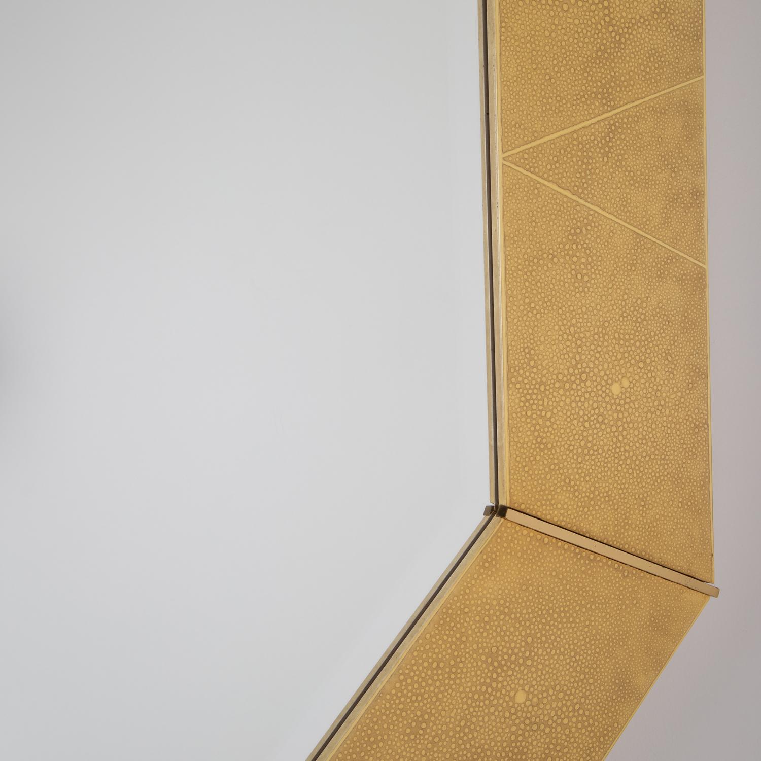 American Karl Springer Octagonal Mirror in Shagreen Lacquer with Brass Accents, 1980s For Sale