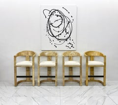 Karl Springer Onassis Bar Stools, A Set of 4, Goatskin, Boucle & Bronze, C. 1980