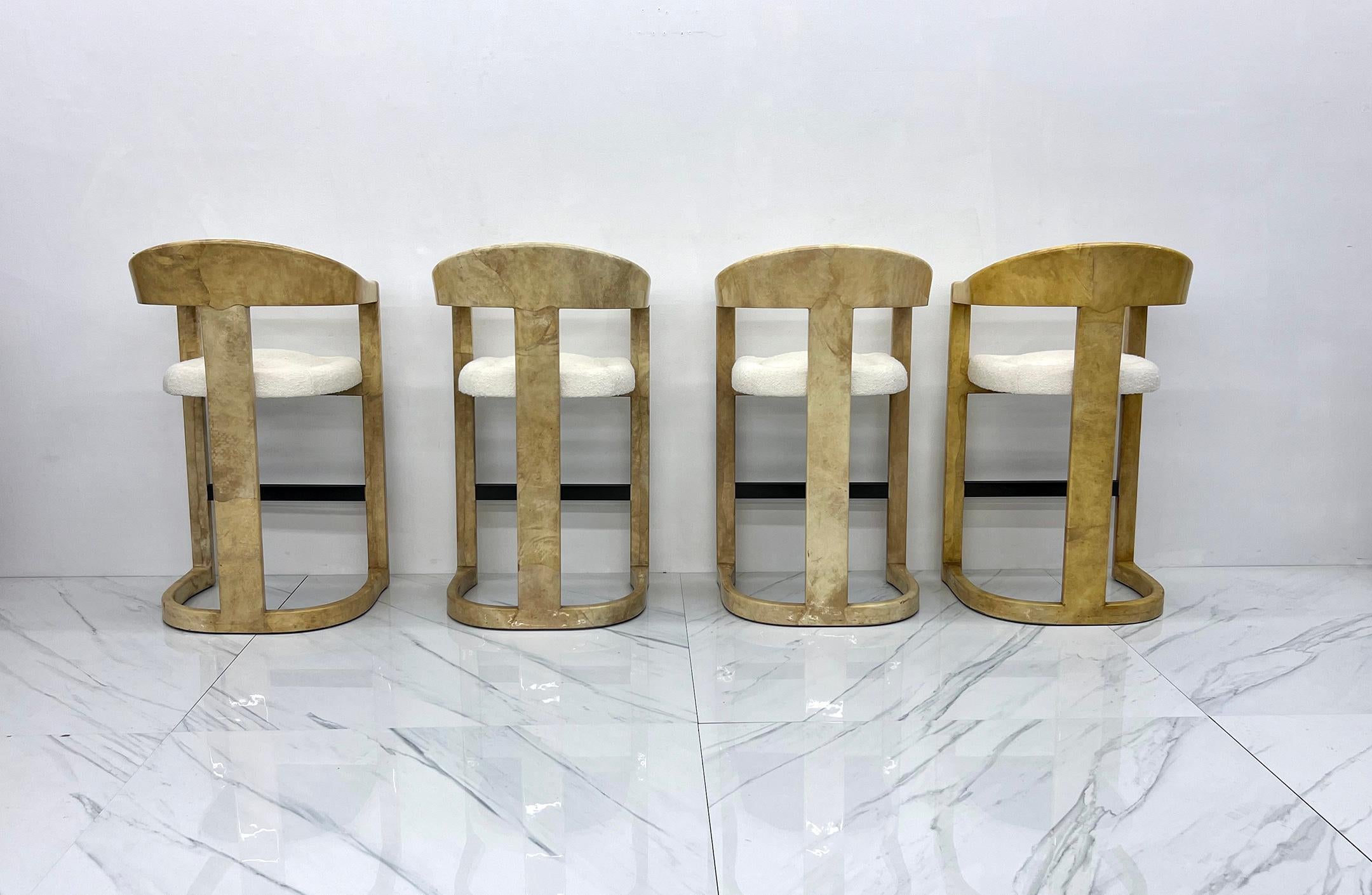 Karl Springer Onassis Bar Stools, A Set of 4, Goatskin, Boucle & Bronze, C. 1980 In Good Condition For Sale In Culver City, CA