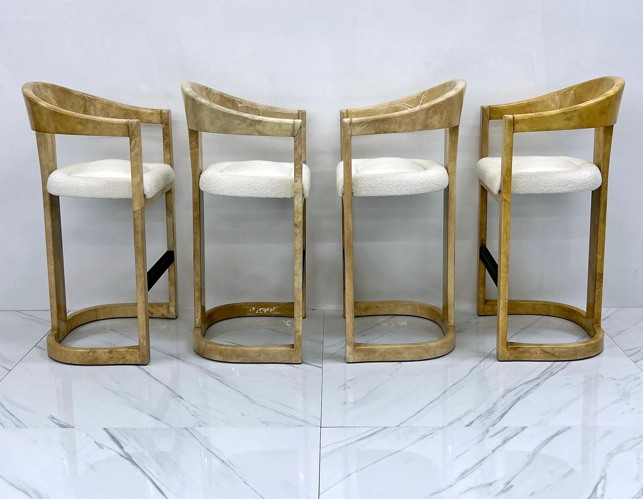 Late 20th Century Karl Springer Onassis Bar Stools, A Set of 4, Goatskin, Boucle & Bronze, C. 1980 For Sale