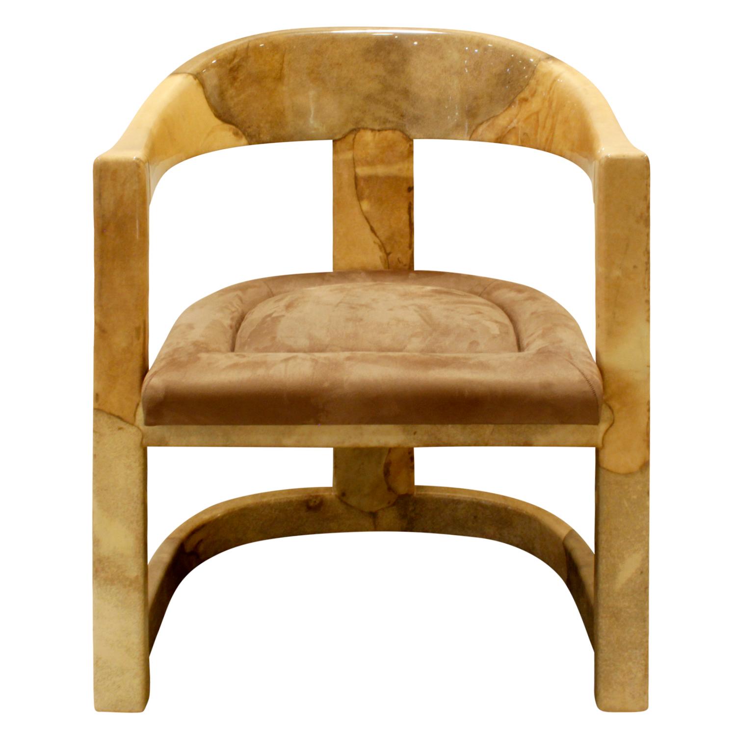 “Onassis Chair” in lacquered goatskin with hand-stitched seat by Karl Springer, American, 1970s. This is a beautiful example of Karl Springers meticulous craftsmanship.