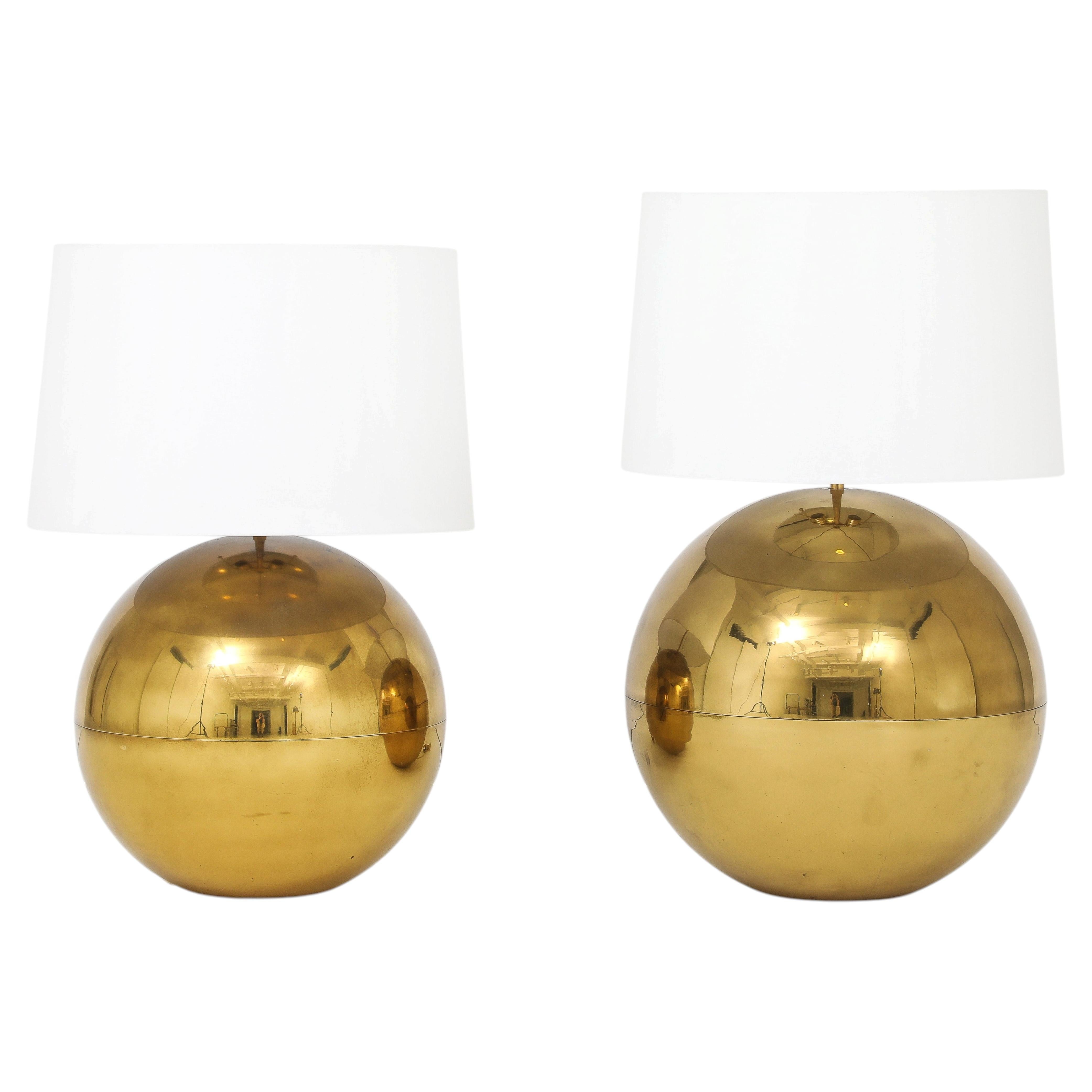 Karl Springer Orb Brass Large And Small Table Lamps