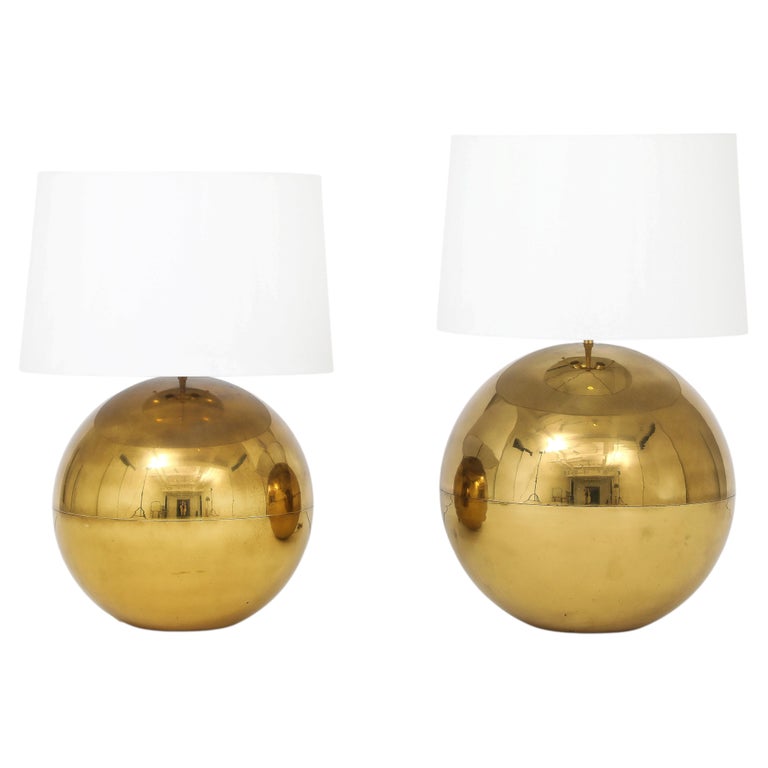 Karl Springer Orb Brass Large And Small Table Lamps