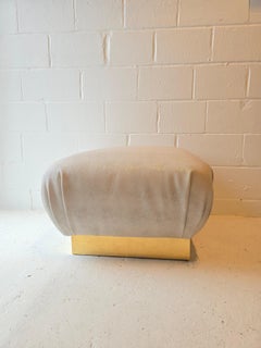 Karl Springer Ottoman Pouf in Faux Shagreen Upholstery Brass Base