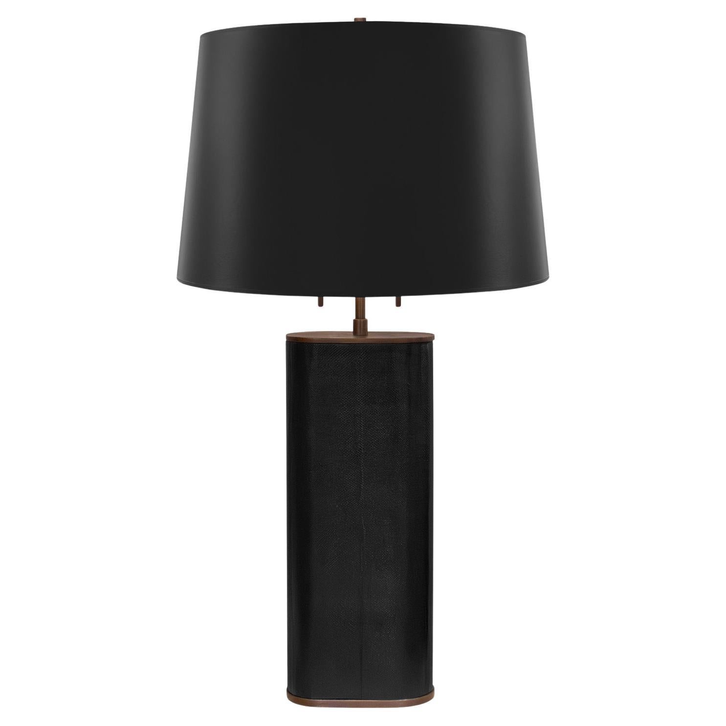Karl Springer "Oval Table Lamp" in Black Snake Skin and Bronze 1980s For Sale