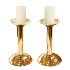 Karl Springer Pair of Candle Holders in Gold and Chrome 1980s