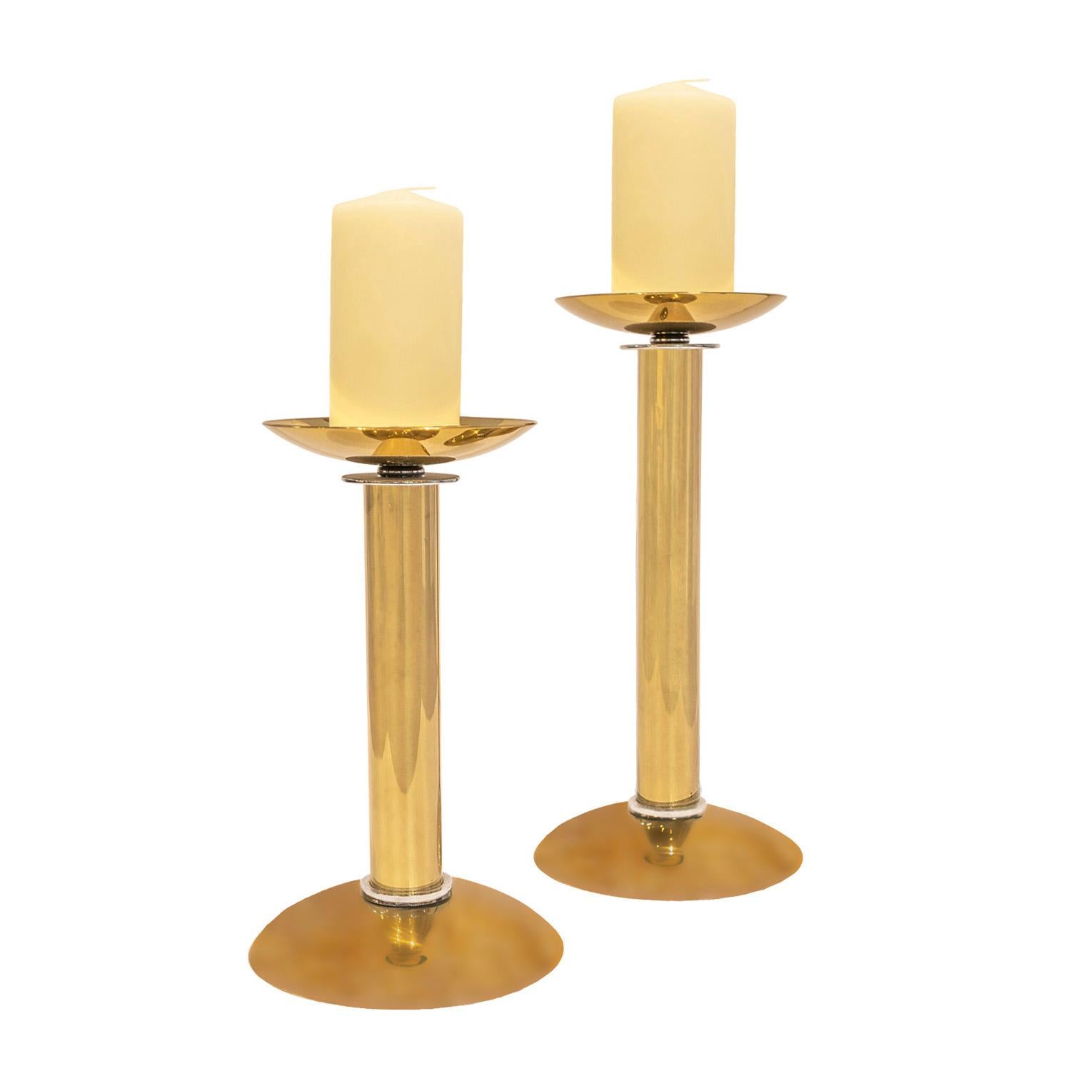 Modern Karl Springer Pair of Candle Holders in Brass with Chrome Accents, 1980s For Sale