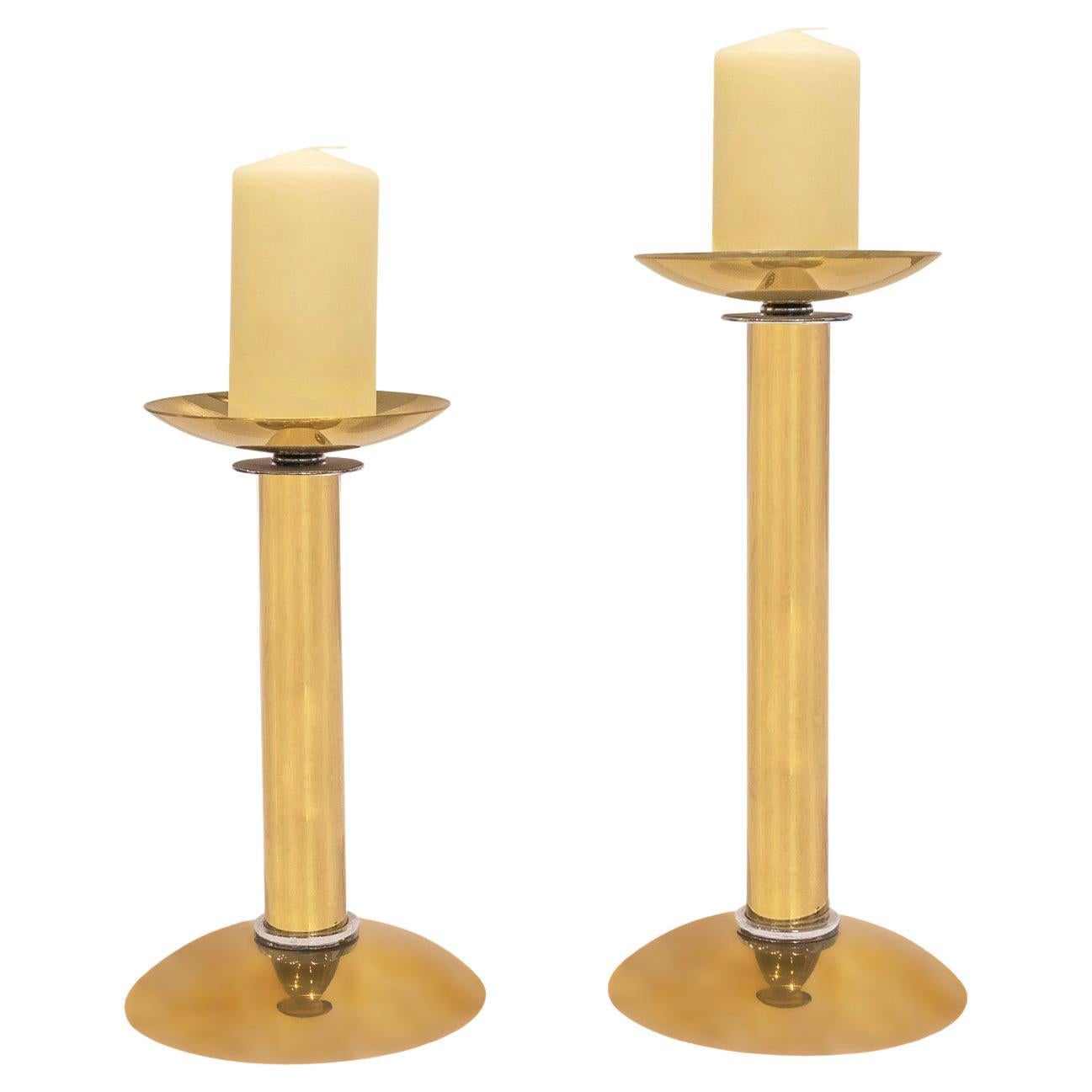 Karl Springer Pair of Candle Holders in Brass with Chrome Accents, 1980s