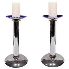 Karl Springer Pair of Candleholders in Chrome and Brass, circa 1985