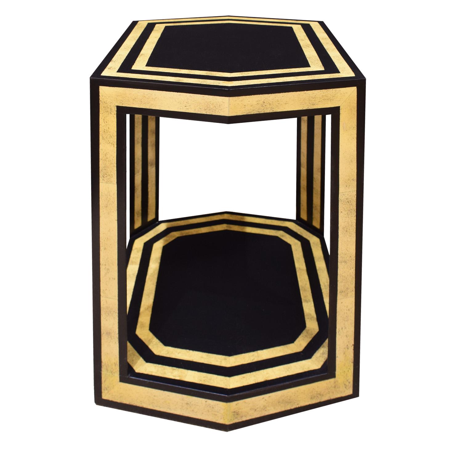 Hand-Painted Karl Springer Pair of End Tables in Black Lacquer with Bone Inlays, 1970s For Sale