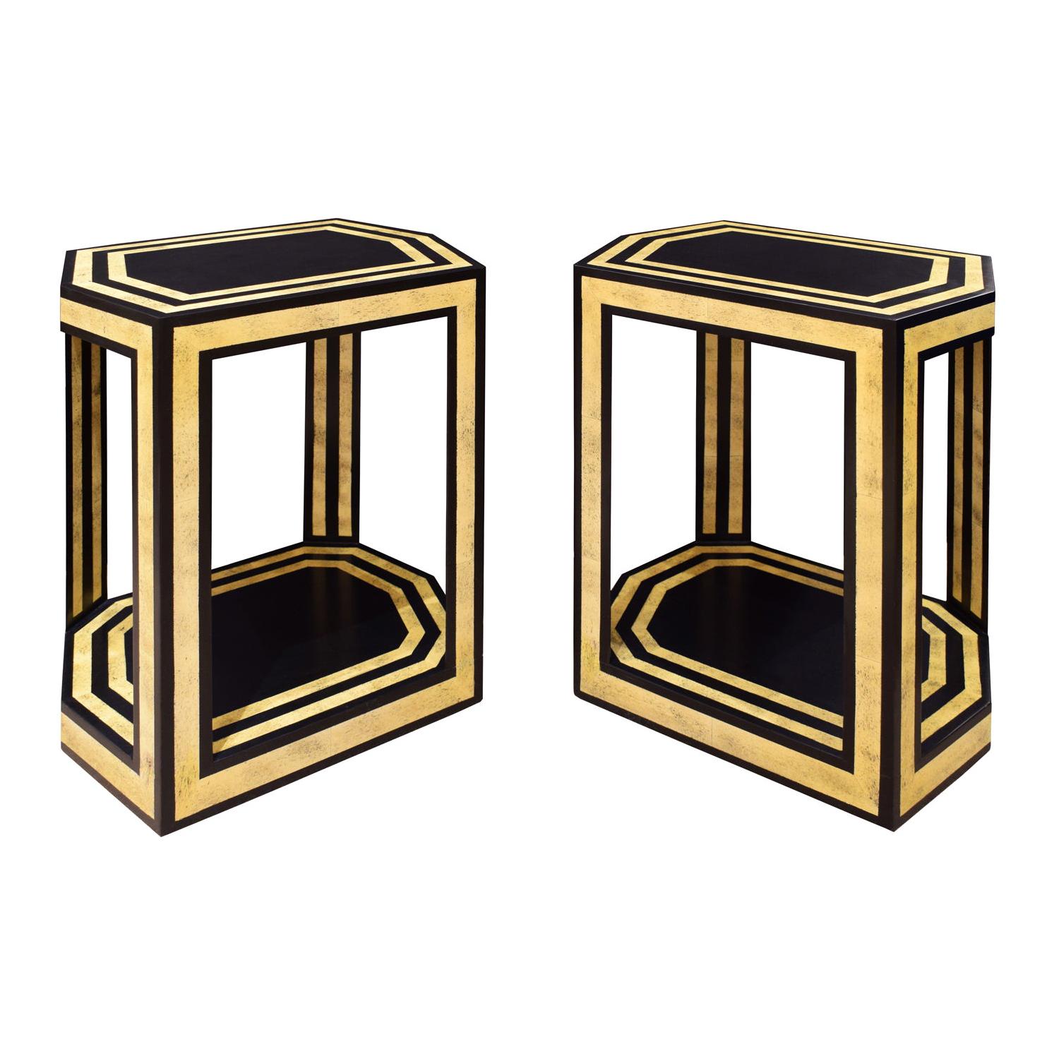 Karl Springer Pair of End Tables in Black Lacquer with Bone Inlays, 1970s