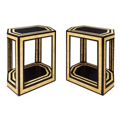 Vintage Karl Springer Pair of End Tables in Black and Bone Lacquer, 1970s