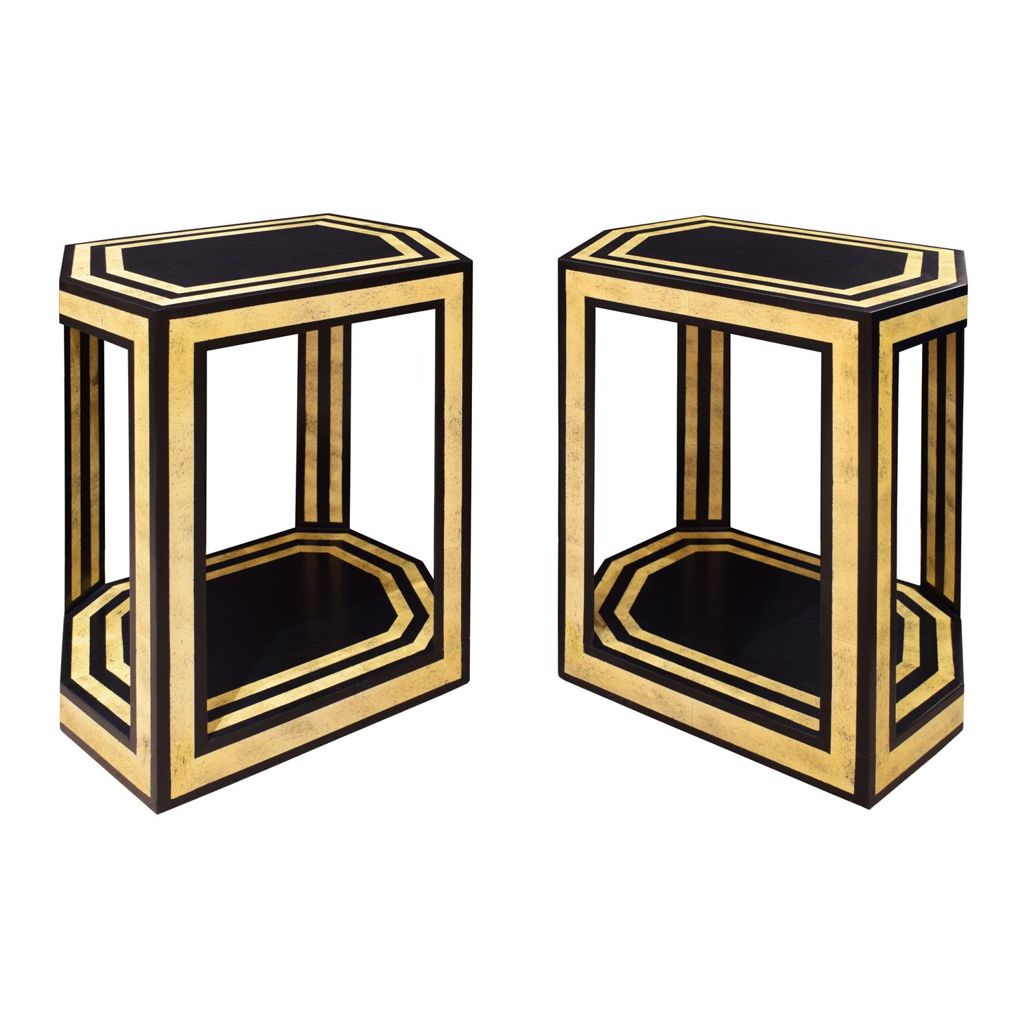 Pair of exceptional hexagonal side tables in black lacquer with bone inlays on the top, sides and bottom by Karl Springer, American 1970's. These end tables showcase the meticulous craftsmanship artistry that Karl Springer is famous for.