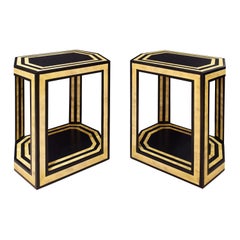 Karl Springer Pair of End Tables in Black Lacquer with Bone Inlays, 1970s