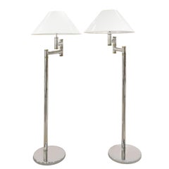 Karl Springer Pair of Exceptional Chrome and Brass Swing-Arm Floor Lamps 1980s
