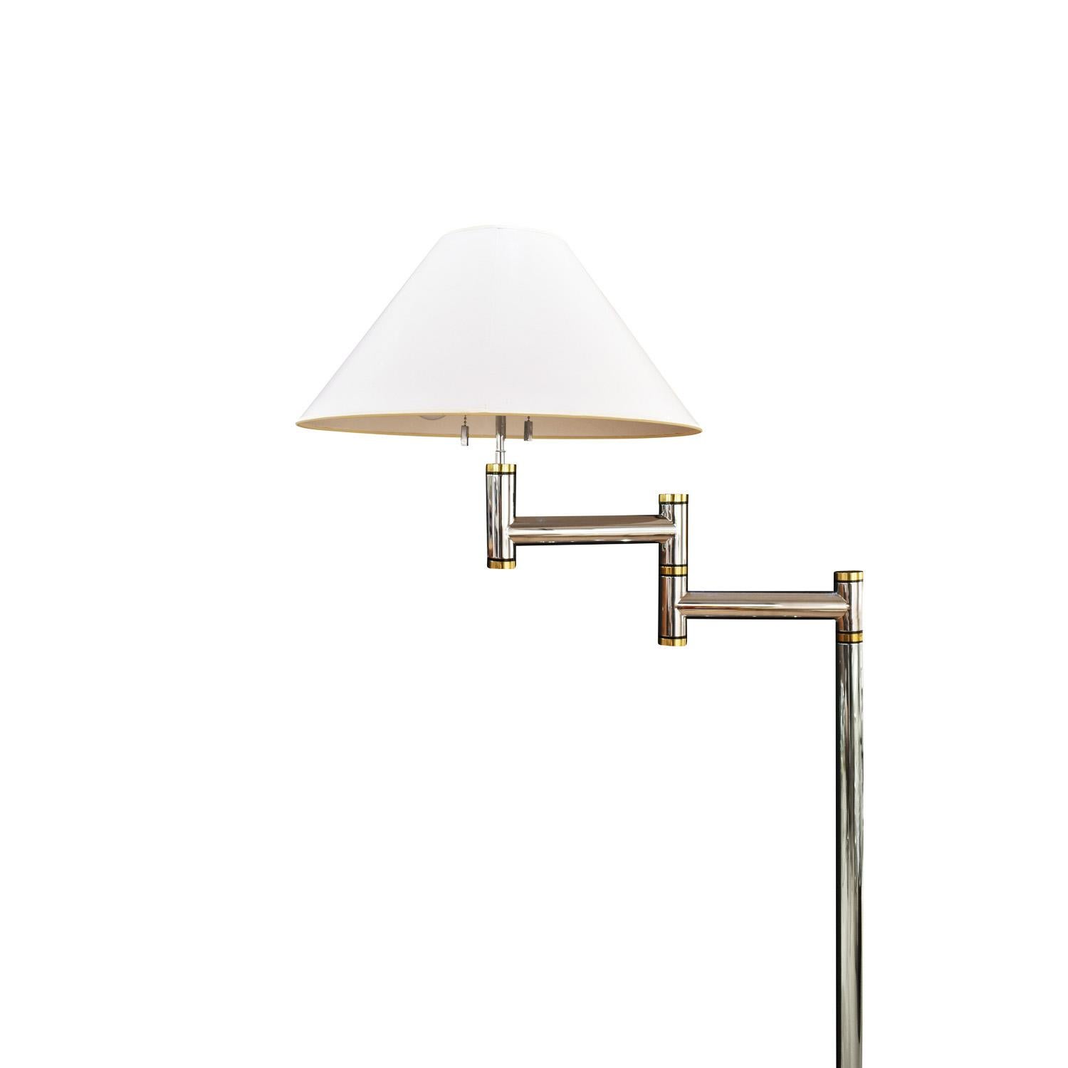 Modern Karl Springer Pair of Exceptional Chrome and Brass Swing-Arm Floor Lamps 1980s For Sale