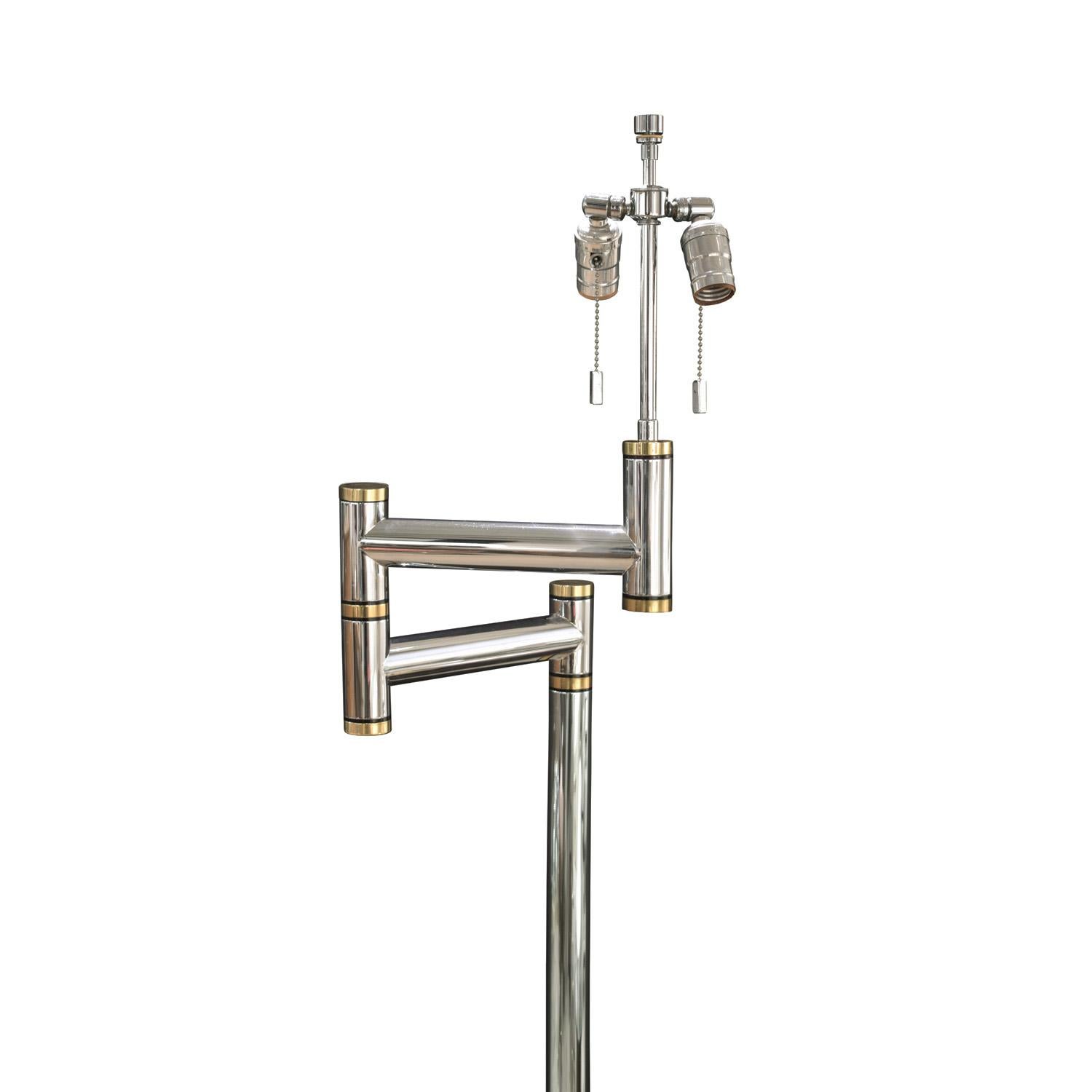 Hand-Crafted Karl Springer Pair of Exceptional Chrome and Brass Swing-Arm Floor Lamps 1980s For Sale
