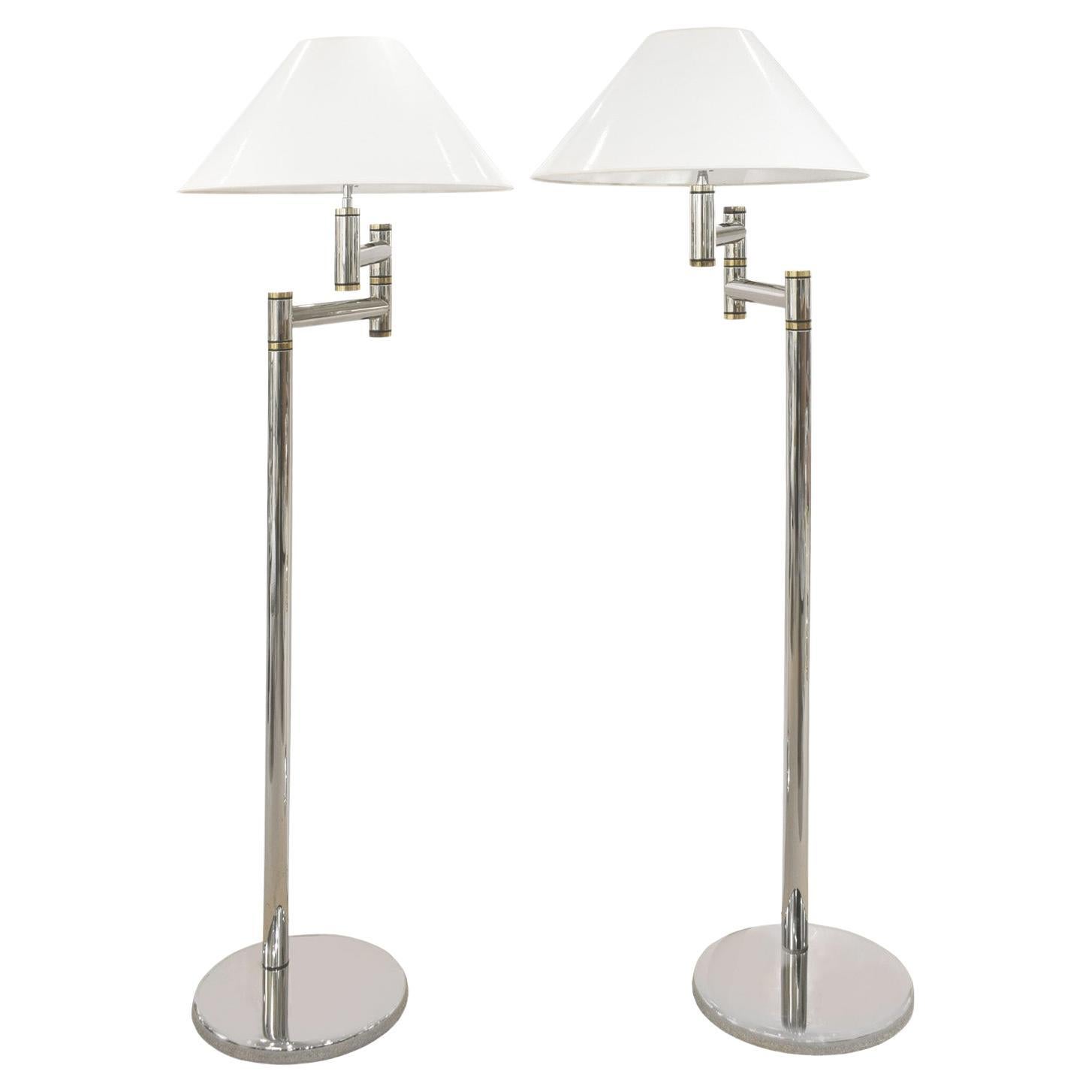 Karl Springer Pair of Exceptional Chrome and Brass Swing-Arm Floor Lamps 1980s For Sale