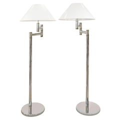Karl Springer Pair of Exceptional Chrome and Brass Swing-Arm Floor Lamps 1980s