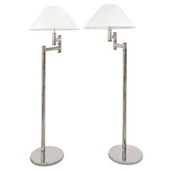 Vintage Karl Springer Pair of Exceptional Chrome and Brass Swing-Arm Floor Lamps 1980s