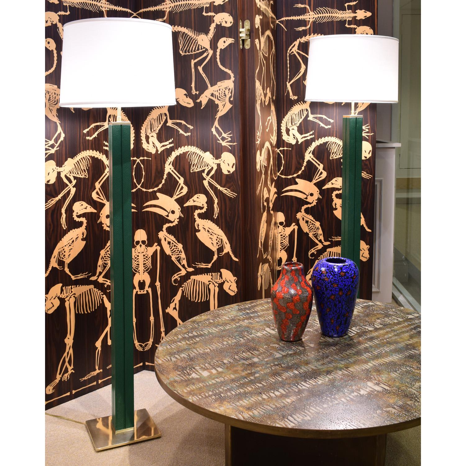 Karl Springer Pair of Floor Lamps in Green Emu Leather 1970s In Excellent Condition In New York, NY